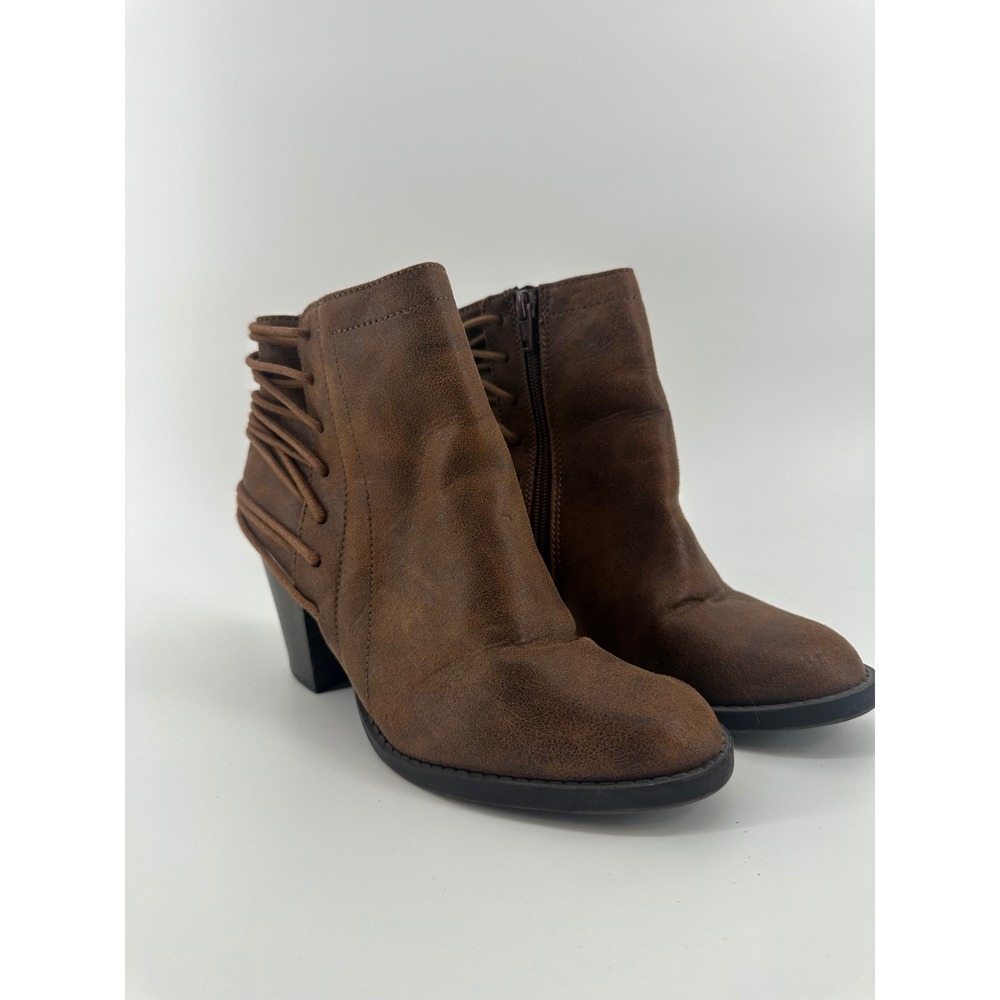 Candies Scoot Brown Faux Leather Wrap Lace‎ Up Ankle Boots Block Heel Size 9M